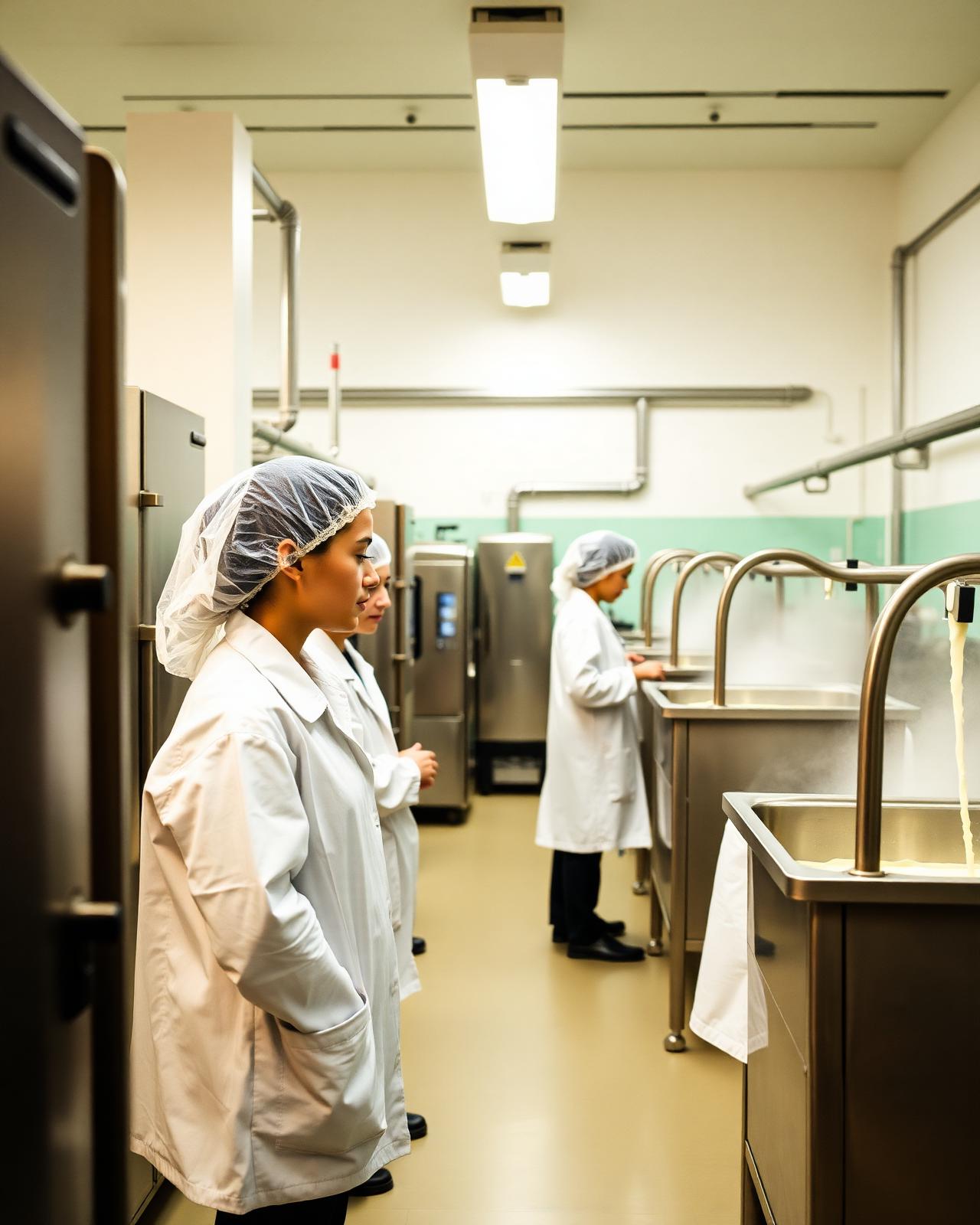 Students in white coats training in a dairy and food safety lab